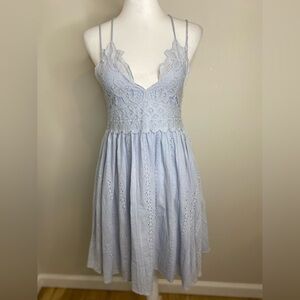 Light Blue Chrysanthemum Embroidered Strappy Cotton Lace Dress Size Large